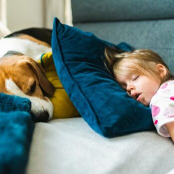 Young girl sleeping with her puppy