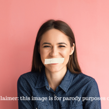 Woman with tape on her mouth.