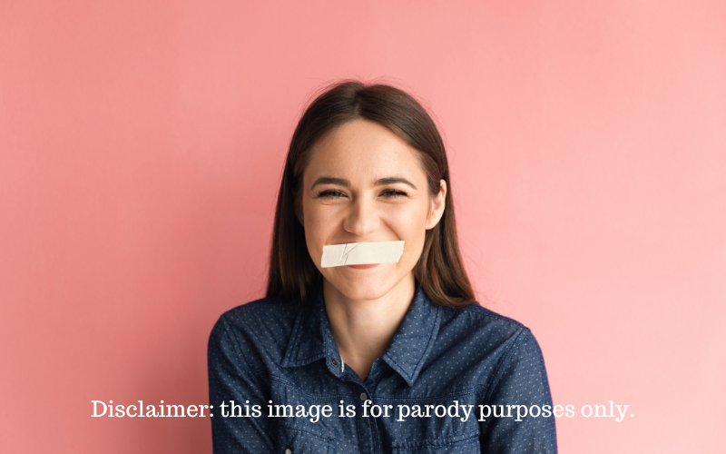 Woman with tape on her mouth.